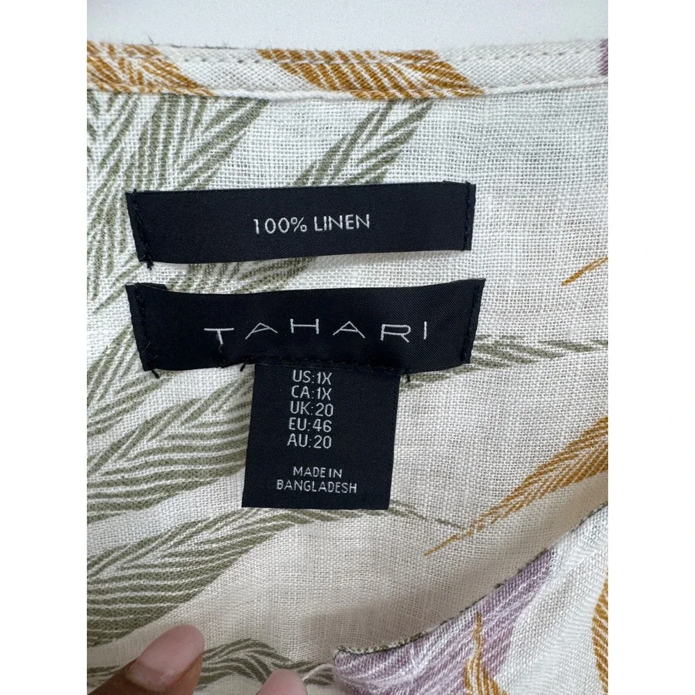 Tahari Linen Button Down Shirt Women 1X Tropical Leaf Roll Tab Coastal Resort